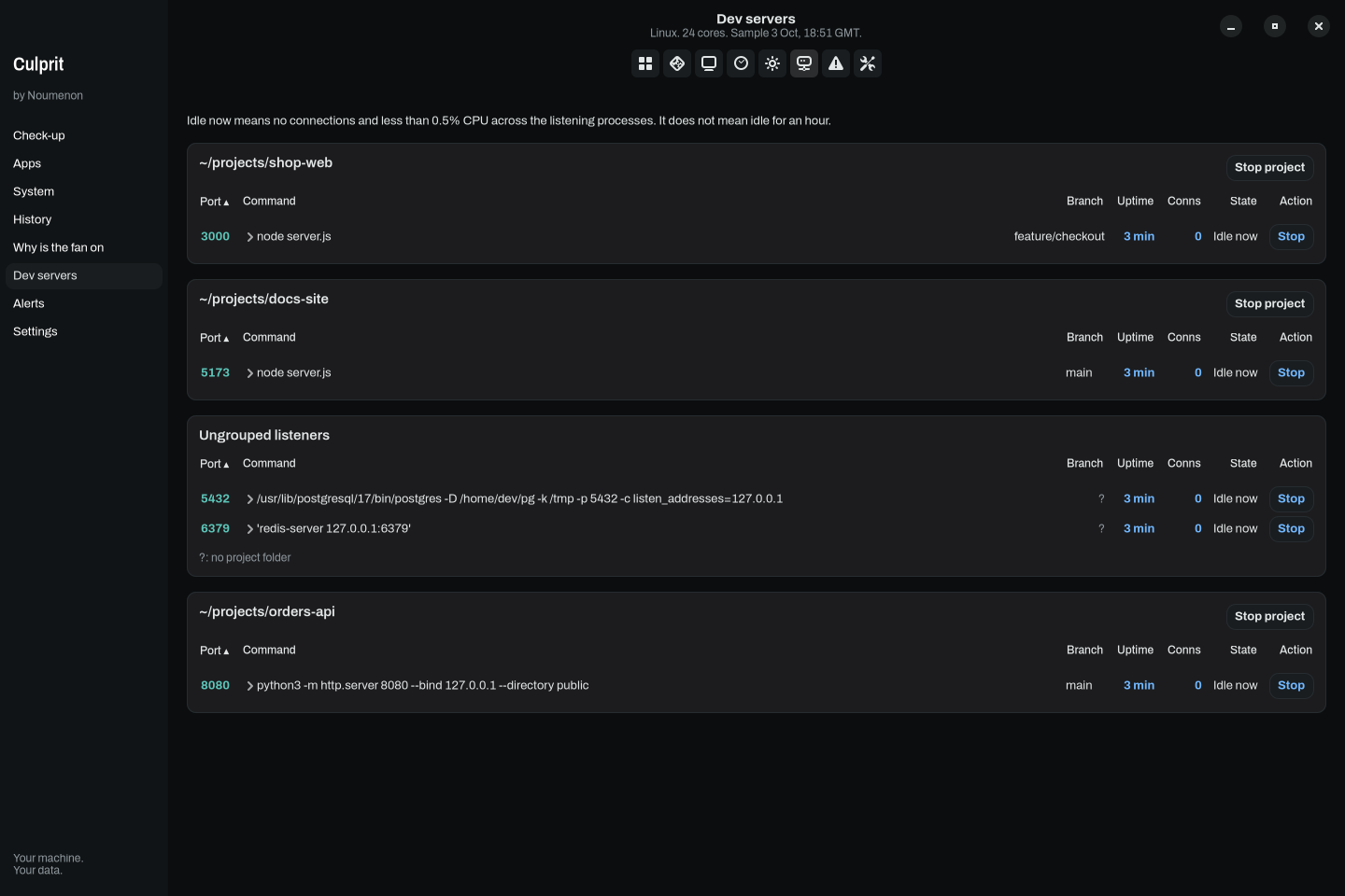 Listening dev servers with project folders and masked commands